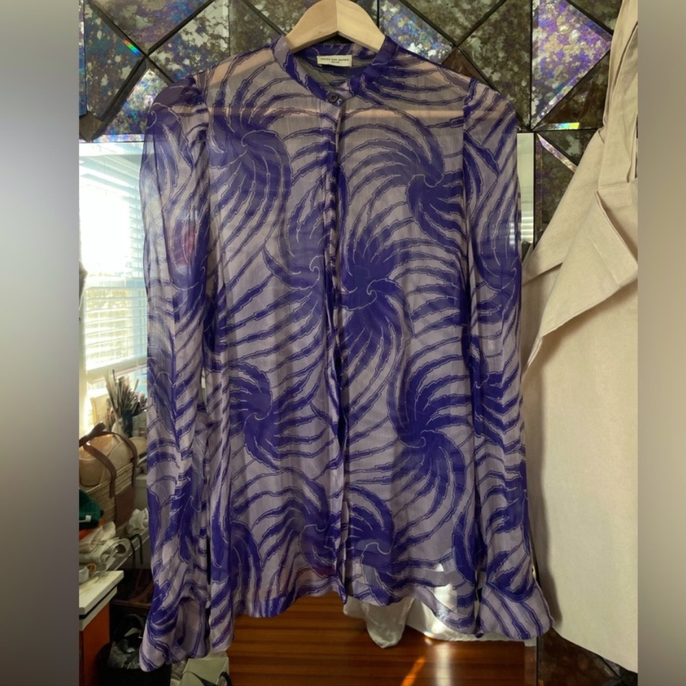 Dries Van Noten Purple RARE Printed Silk Shirt Sheer Blouse Sz. 6 / 38